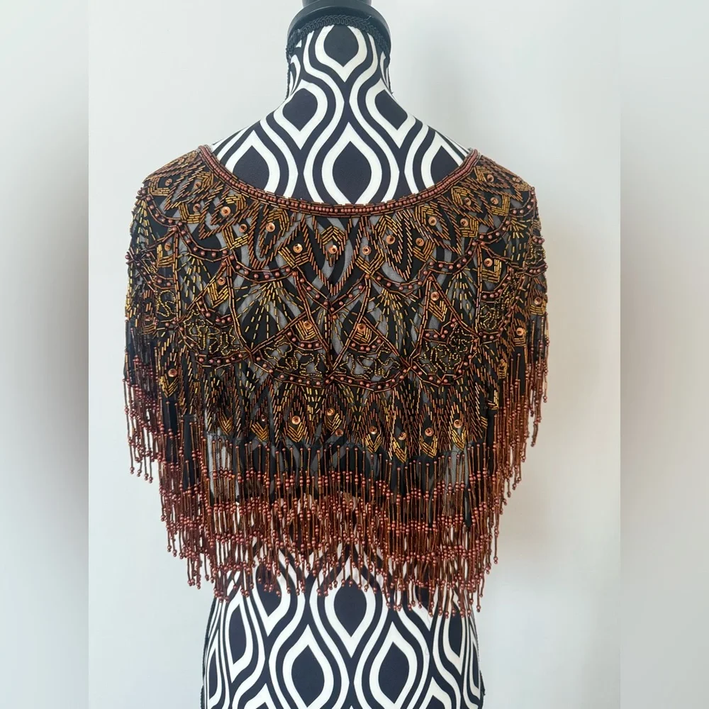 Gorgeous Vintage 70s 80s Sequin & Beaded Art Deco Shawl Capelet Rose Gold Bronze - Picture 9 of 15